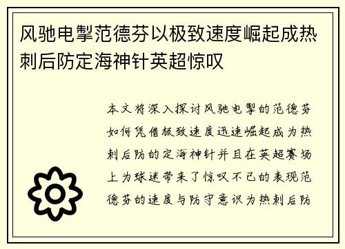 风驰电掣范德芬以极致速度崛起成热刺后防定海神针英超惊叹